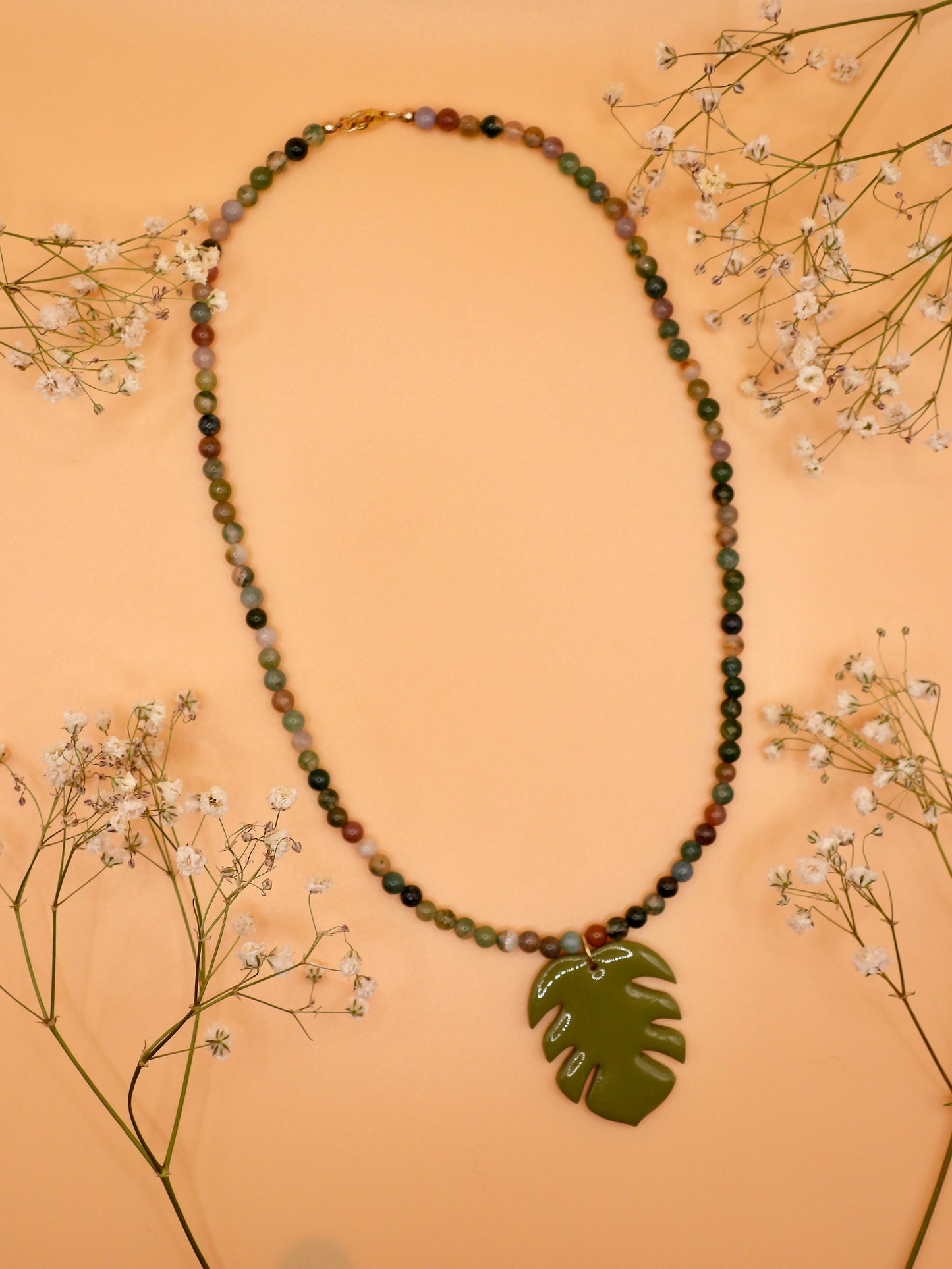 fancy jasper monstera necklace