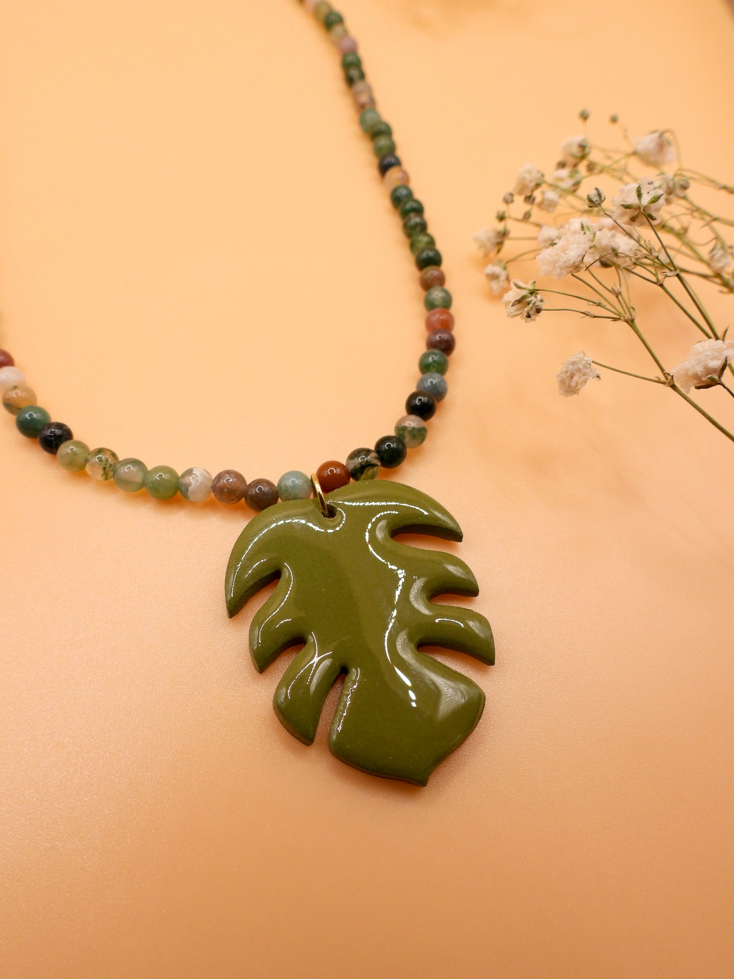 fancy jasper monstera necklace